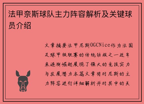 法甲奈斯球队主力阵容解析及关键球员介绍